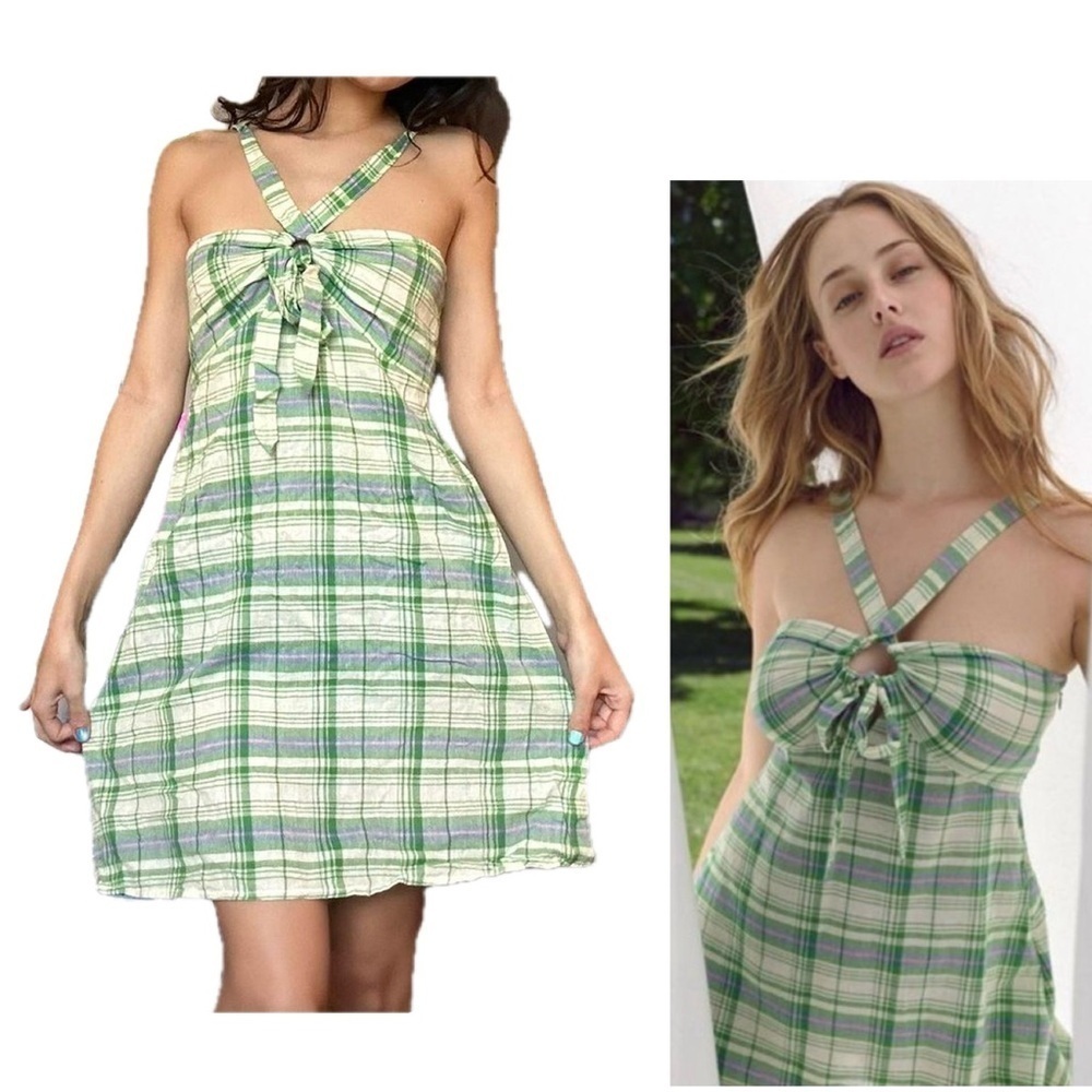 Urban Outfitters Y-Neck Twist-front Plaid Check Mini Dress thin straps M NWOT
